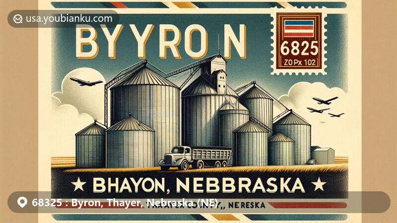 Modern illustration featuring Byron, Thayer County, Nebraska, with vintage air mail envelope backdrop showing postal theme, ZIP code 68325, and local landmarks like grain bins and Nebraska state flag.