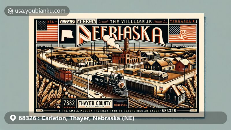 Modern postal card design for ZIP code 68326, highlighting Carleton, Thayer County, Nebraska, featuring vibrant illustration with artistic font, state flag, vintage train, and Thayer County's geographical elements.