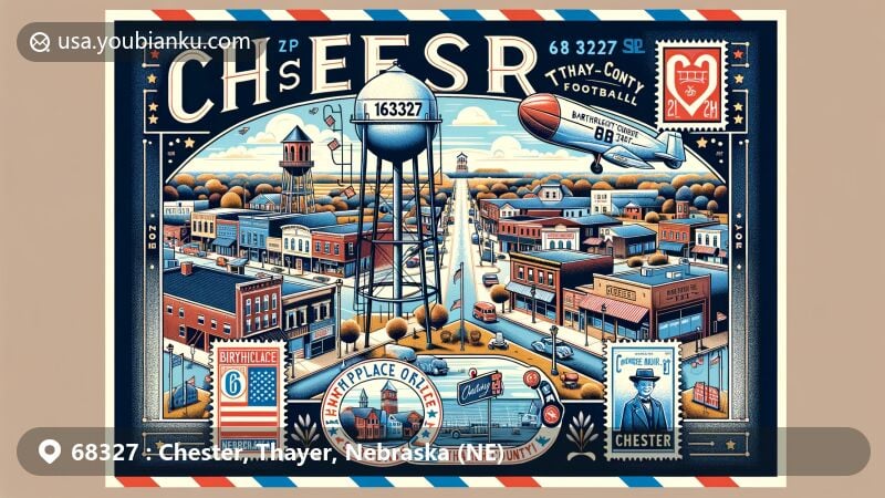 Modern illustration of Chester, Thayer County, Nebraska, capturing the essence of communal spirit and local heritage, featuring key landmarks like the water tower and downtown area, along with symbols of village identity, including six-man football and Little Boy Blue.