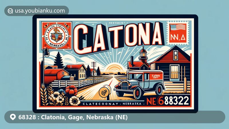 Modern illustration of Clatonia, Gage County, Nebraska, depicting rural charm, state flag, county landmark, and postal elements in a vintage postcard design.