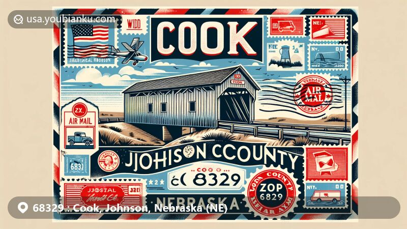 Modern illustration of Cook, Johnson County, Nebraska, featuring the unique charm of the region with postal elements, including the iconic covered bridge and vintage postcard motifs, showcasing ZIP code 68329 and state symbols.