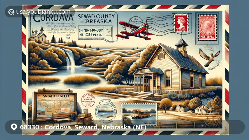 Modern illustration of Cordova, Seward County, Nebraska, showcasing natural beauty and regional postal elements like airmail envelope, postage stamp, and postmark.