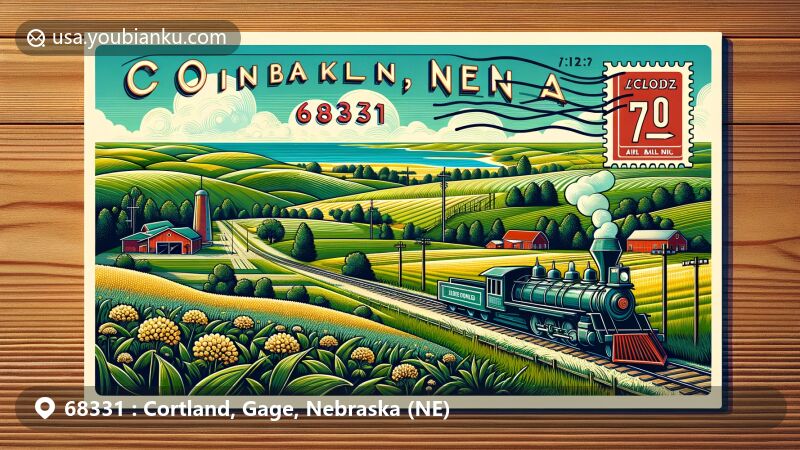 Modern depiction of Cortland, Nebraska, with ZIP code 68331, showcasing lush Nebraskan countryside and farming heritage. Features postcard with '68331' and 'Cortland, NE', incorporating symbols like a small train, railroad tracks, and Highway 77 sign.