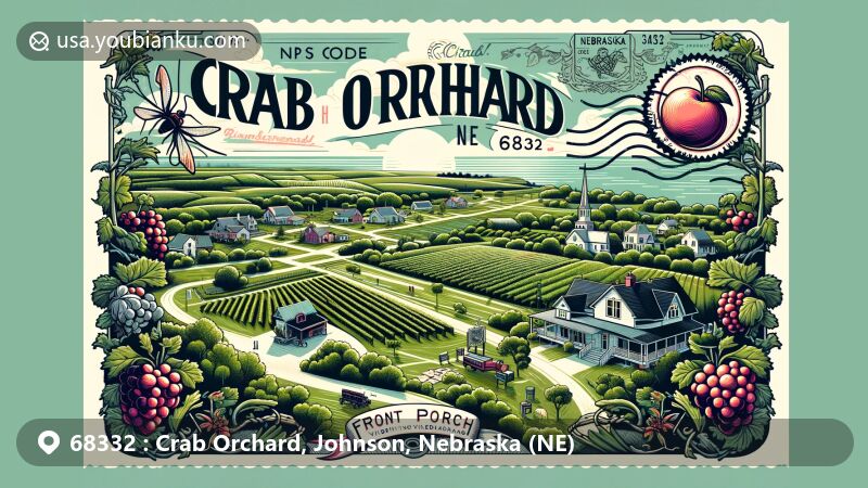 Modern illustration of Crab Orchard, Johnson County, Nebraska, featuring scenic postcard design depicting village, landscapes, and local attractions, including crabapple trees and Front Porch Vineyards.