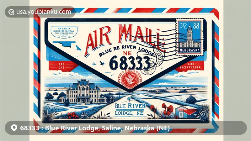 Creative illustration of Blue River Lodge, Saline County, Nebraska, capturing the essence of ZIP code 68333 with vintage airmail envelope, featuring Saline County Courthouse, Nebraska landscape, and postal elements.