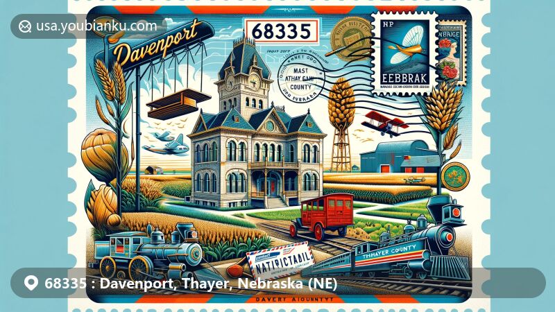 Modern illustration of Davenport, Thayer County, Nebraska, capturing ZIP code 68335, showcasing agricultural heritage and landmarks like Thayer County Courthouse and World’s Largest Porch Swing, featuring cash grain crops and livestock.