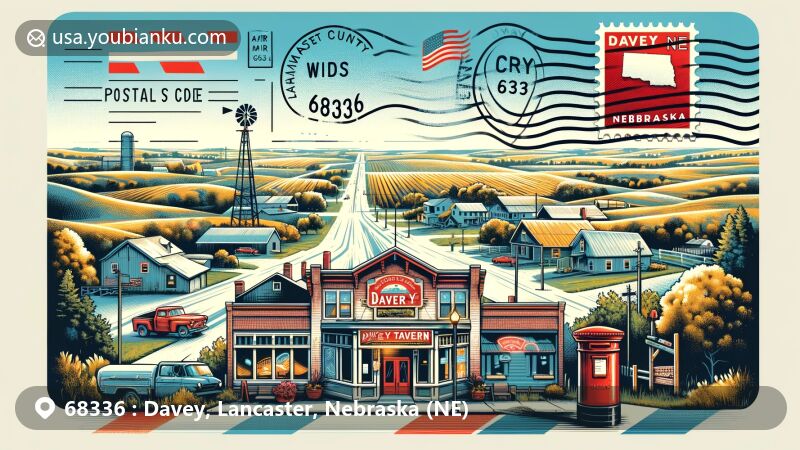 Modern illustration of Davey, Lancaster County, Nebraska, capturing the small village charm and extensive agricultural landscape. Features iconic Davey Tavern symbolizing community spirit, set on an air mail envelope with Nebraska state flag stamp, 'Davey, NE 68336' postal mark, and red postbox, creating a creative and eye-catching design.