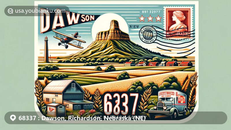 Modern illustration of Dawson, Richardson County, Nebraska, highlighting rural charm and scenic landscape with Chimney Rock, vintage postal theme, and Richardson County outline.