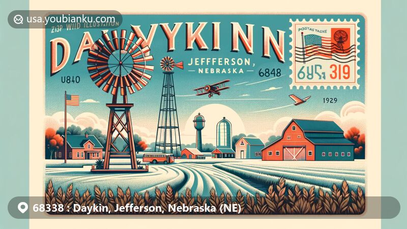 Modern illustration of Daykin, Jefferson, Nebraska, known as the 'Windmill Town' with ZIP code 68338, featuring vintage postcard design with elements like postage stamp and postal mark, capturing small-town allure, agricultural roots, and community events.