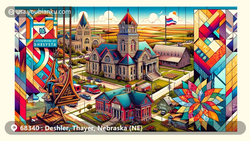 Modern illustration of Deshler, Nebraska and Thayer County, showcasing community and entertainment with the world's largest porch swing in Hebron, historic landmarks like Thayer County Courthouse and Rock School, and agricultural heritage represented by 'Double Windmill' pattern in Chester. Background features wide Nebraska sky and prairie, enhancing spatial and natural feel. Design resembles a creative postcard with stamps, postmarks, and ZIP code '68340' prominently displayed.
