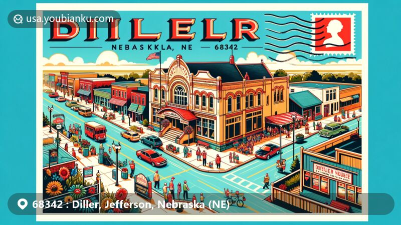 Modern illustration of Diller, Nebraska, Jefferson County, ZIP code 68342, featuring the Anna C. Diller Opera House, Diller Picnic, and community gatherings, capturing the town's small-town charm and welcoming spirit.