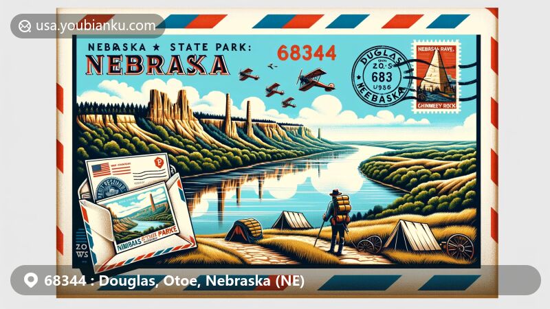 Modern illustration of Douglas, Otoe County, Nebraska, showcasing postal theme with ZIP code 68344, featuring Indian Cave State Park, Chimney Rock, and Nebraska state symbols.