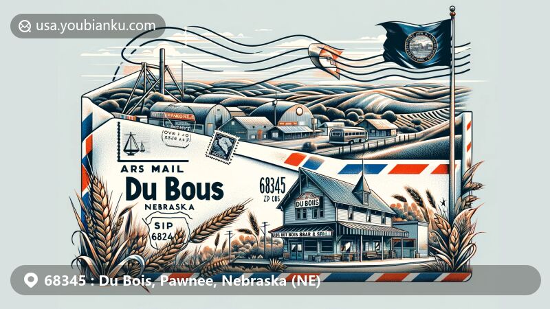 Modern illustration of Du Bois area, Pawnee County, Nebraska, featuring postal theme with ZIP code 68345, showcasing Du Bois Bar & Grill and scenic rural landscapes. Nebraska state flag wave in the background.