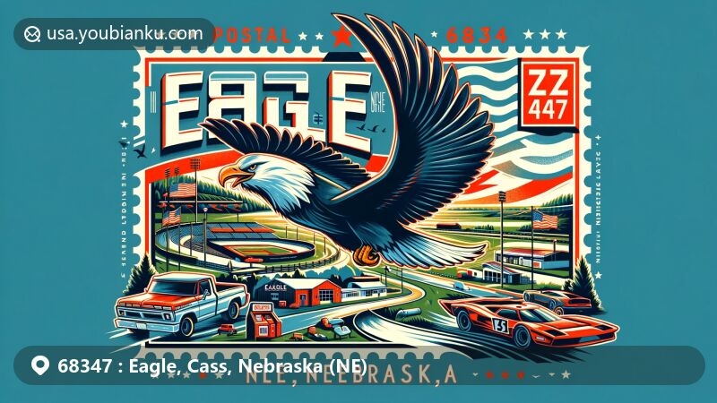 Modern illustration of Eagle, Cass County, Nebraska, showcasing postal theme with ZIP code 68347, featuring Eagle Raceway, local parks, and hints of town's association with eagles.