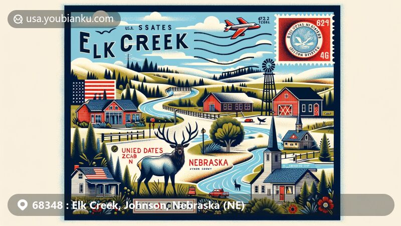 Modern illustration of Elk Creek, Johnson County, Nebraska, featuring the creek named after elk, highlighting small-town charm, rural beauty, and postal theme with ZIP code 68348.