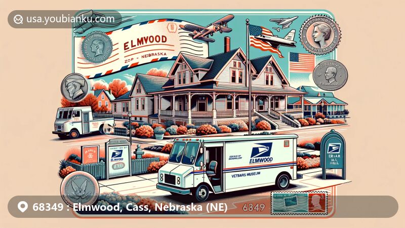 Modern illustration of Elmwood, Nebraska, showcasing postal theme with ZIP code 68349, featuring Bess Streeter Aldrich House and Gardens, Elmwood G.A.R. Hall Veterans Museum, and postal elements.