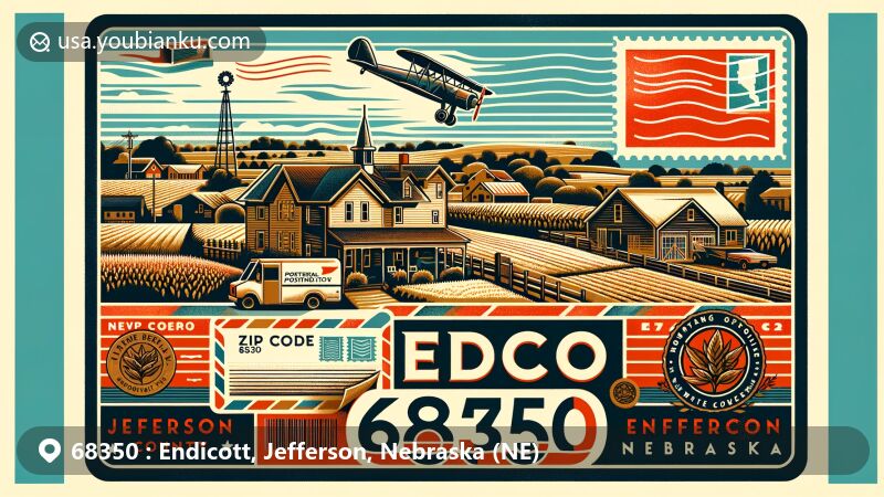 Modern illustration of Endicott, Jefferson County, Nebraska, showcasing rural charm, small-town ambiance, and agricultural landscapes with vintage postal stamp and airmail envelope.