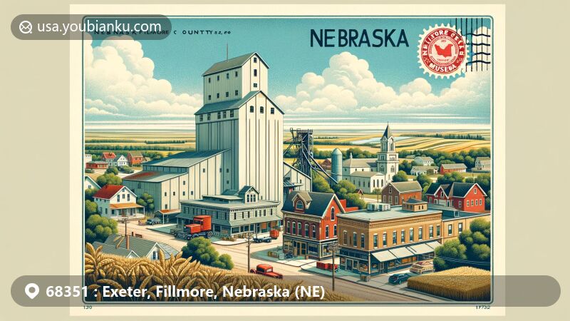 Modern illustration of Exeter, Fillmore County, Nebraska, capturing historical and postal themes with a vintage postal card, grain elevator, Fillmore County Museum, and Nebraska's open fields.