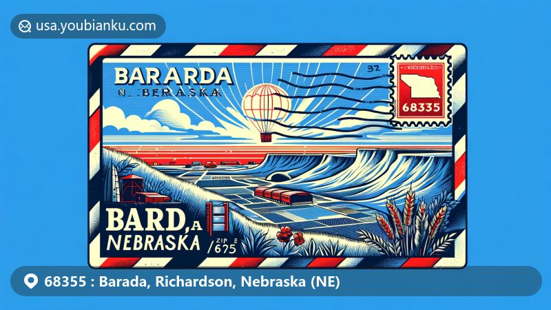 Modern illustration of Barada, Nebraska, featuring vintage air mail envelope symbolizing postal communication, Nebraska state flag, and Barada Hills sketches, with prominent ZIP Code 68355 and stylized postal stamp '1927'.