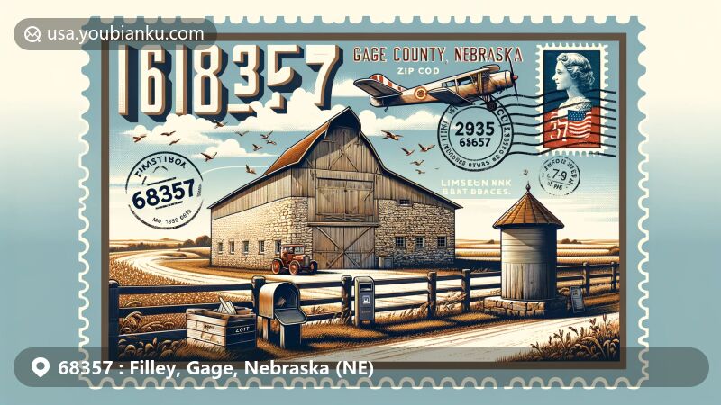 Modern illustration of Filley Stone Barn in Gage County, Nebraska, with rural landscape, vintage postal theme, and ZIP code 68357, showcasing agricultural heritage and historical significance.