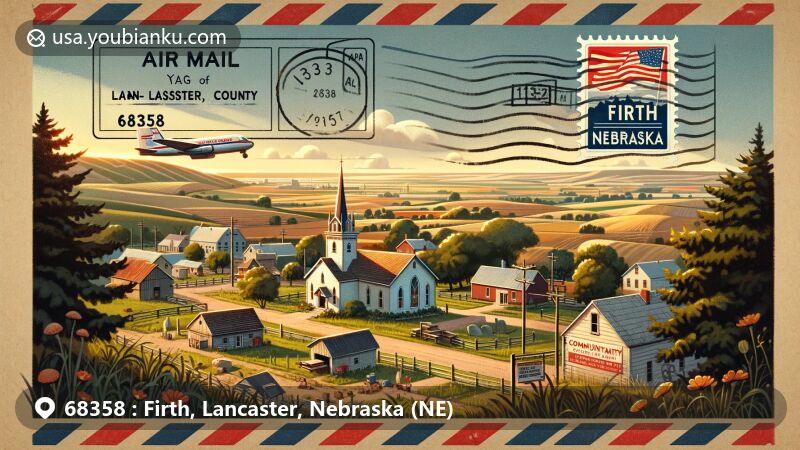 Modern illustration of Firth, Nebraska, Lancaster County, showcasing village charm with rural landscape, community elements, air mail envelope, Nebraska state flag, and ZIP code 68358.