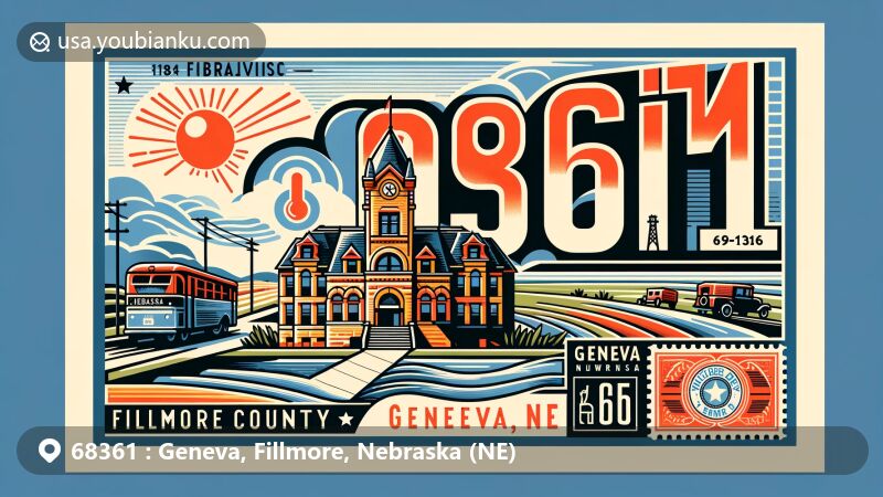 Modern illustration of Geneva, Fillmore County, Nebraska, representing ZIP code 68361, featuring Fillmore County Courthouse in Richardsonian Romanesque style and nod to local climate with 118°F reference.