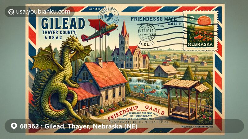 Modern illustration of Gilead village in Thayer County, Nebraska, showcasing postal theme with ZIP code 68362, featuring the Dragon Sculpture, Thayer County Courthouse, and World's Largest Porch Swing.