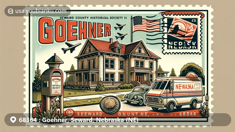 Modern illustration of Goehner, Seward County, Nebraska, featuring Seward County Historical Society Museum amid lush greenery with a postcard design showcasing 'Goehner, NE 68364' and Nebraska state symbols.