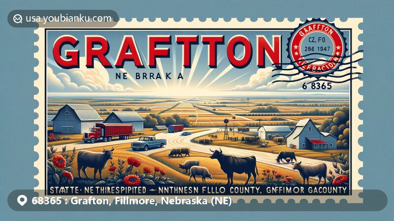 Modern illustration of Grafton, Fillmore County, Nebraska, capturing the essence of a small rural community with strong agricultural heritage, featuring farming and livestock references against a picturesque northwestern Fillmore County backdrop.
