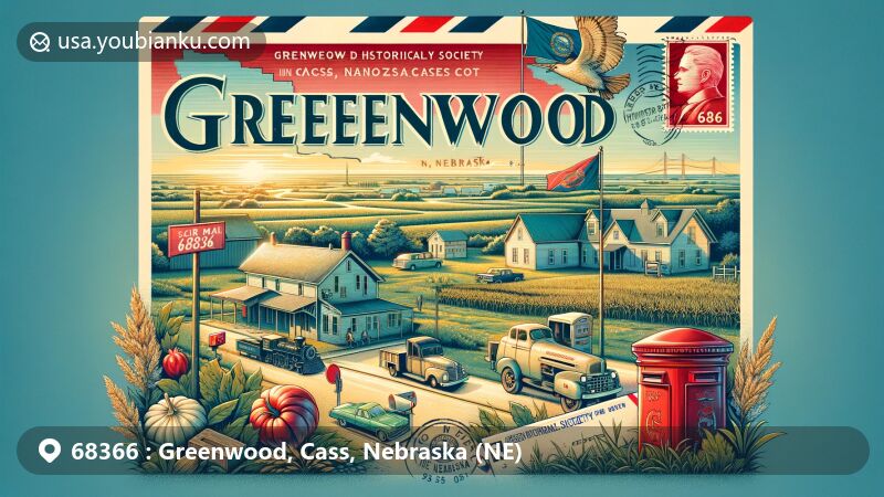 Vintage-style illustration of Greenwood, Cass County, Nebraska, celebrating ZIP code 68366, featuring state symbols, Greenwood's village ambiance, and flat landscape, including Cass County outline and historical railroad museum.