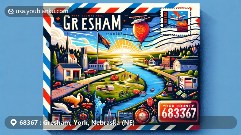 Modern illustration of Gresham, York County, Nebraska, showcasing postal theme with ZIP code 68367, featuring Nebraska state flag, York County map silhouette, and symbols of outdoor activities like camping, fishing, and biking.