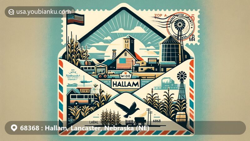 Modern illustration of Hallam, Lancaster County, Nebraska, showcasing postal theme with ZIP code 68368, featuring state flag, Lancaster County map, and community symbols, highlighting recovery from 2004 tornado and agricultural heritage.