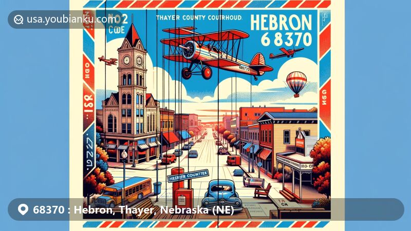 Modern illustration of Hebron, Thayer County, Nebraska, focused on ZIP code 68370, showcasing Downtown Hebron, the World's Largest Porch Swing, Thayer County Courthouse, and the Majestic Theatre, integrated with postal elements.
