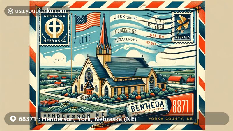 Modern illustration of Bethesda Mennonite Church in Henderson, Nebraska, surrounded by lush Nebraska landscapes and the state flag, enclosed in a vintage airmail envelope with ZIP code 68371 and decorative banner mentioning Henderson, York County, NE.