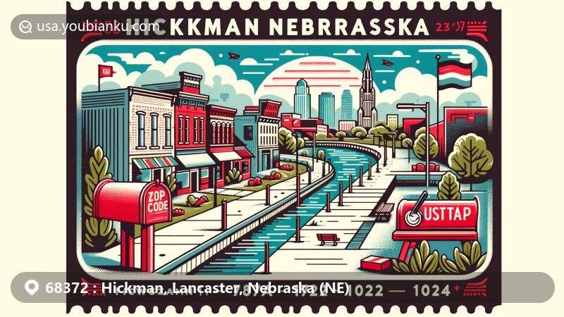 Contemporary illustration of Hickman, Lancaster, Nebraska, featuring ZIP code 68372, showcasing downtown street scene, postal symbols, and state elements in a postage stamp-like design.