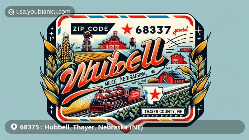 Modern illustration of Hubbell, Thayer County, Nebraska, featuring ZIP code 68375, vintage air mail envelope theme, agricultural symbols, Nebraska map outline, Belvidere Whistle Stop, red barn, and train, creatively highlighting postal identity.