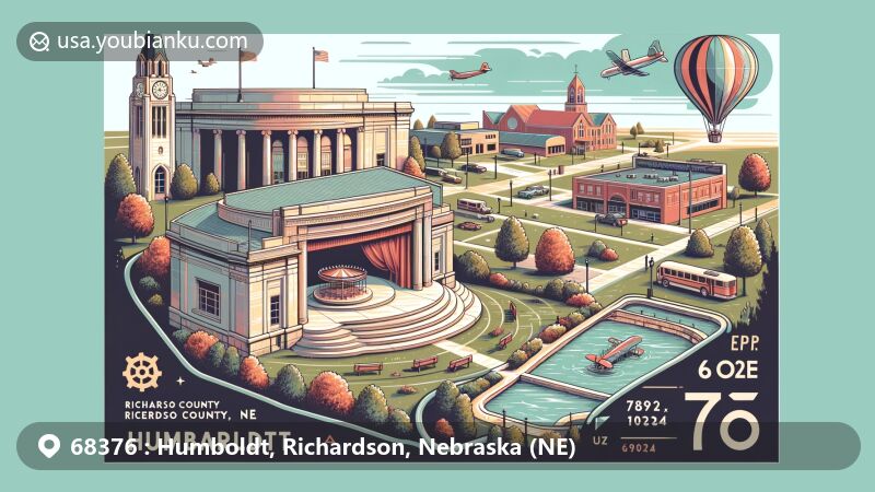 Modern illustration of Humboldt, Richardson County, Nebraska, showcasing postal theme with ZIP code 68376, featuring historic bandstand and WPA-built Auditorium, highlighting community spirit and natural beauty.