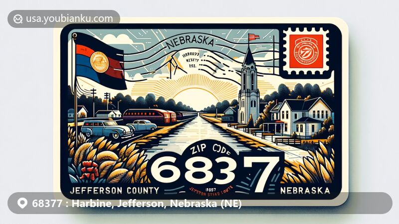 Modern illustration of Harbine, Jefferson County, Nebraska, showcasing postal theme with ZIP code 68377, featuring stylized village depiction, Nebraska state symbols, and local landmarks.