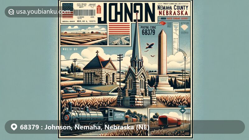 Modern illustration of Johnson Village, Nemaha County, Nebraska, depicting rural and agricultural landscapes, paying tribute to the area's Underground Railroad history, and showcasing Coryell Park Mausoleum with symbolic marble and granite elements.
