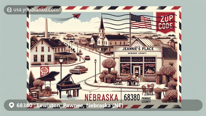 Modern illustration of Lewiston, Nebraska, featuring postal theme with ZIP code 68380, showcasing Jeannie's Place with a grand piano and wood stove, Nebraska state flag, vintage postcard design with stamp, postmark '68380', mailbox, and mail truck.