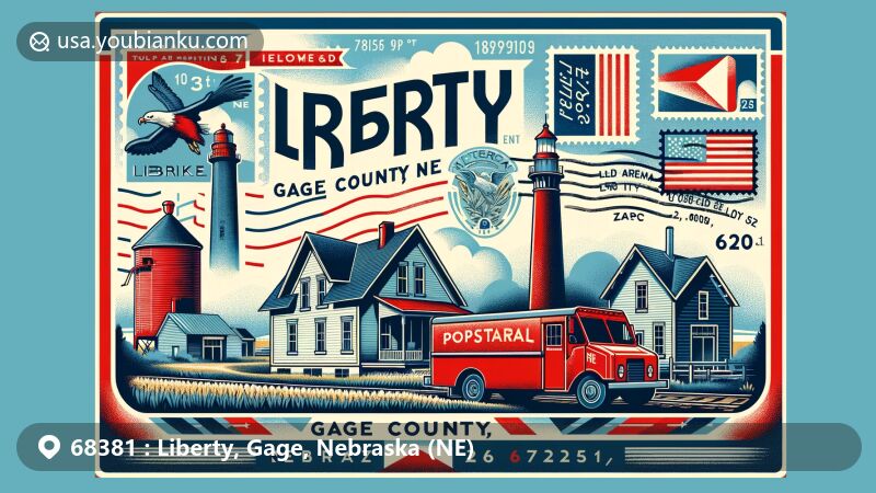 Modern illustration of Liberty, Gage County, Nebraska, showcasing postal theme with ZIP code 68381, featuring small-town charm, rural atmosphere, and landmarks like Chimney Rock.