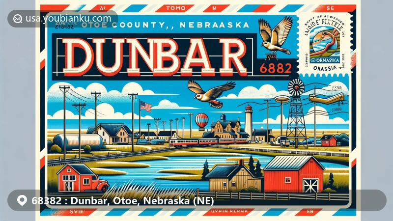 Modern illustration of Dunbar, Otoe County, Nebraska, featuring ZIP code 68382, showcasing local landmarks and Prairie Owl Lake, nodding to historical freighting depot significance and natural beauty of Otoe County.