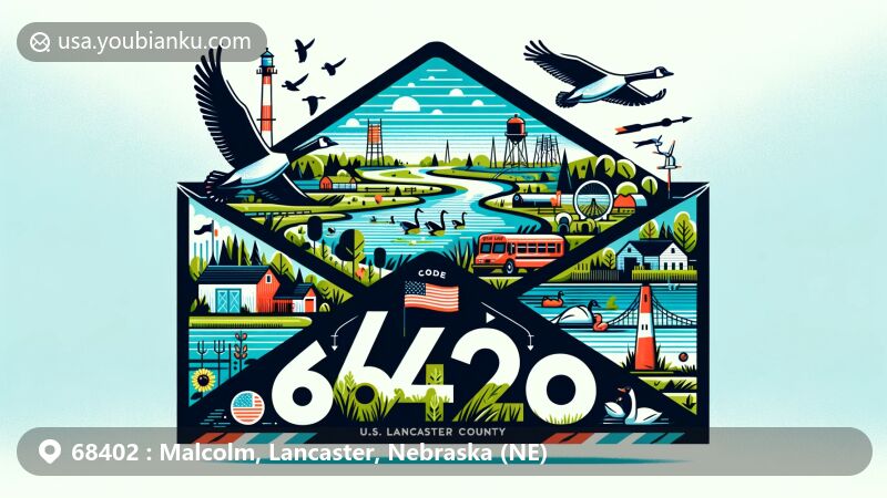 Creative illustration of Malcolm, Lancaster County, Nebraska, showcasing air mail envelope with ZIP code 68402, featuring local culture and geography, including Branched Oak and Pawnee State Recreation Areas, lush greenery, and geese.