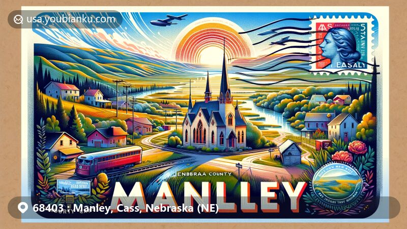 Modern illustration of Manley, Cass County, Nebraska, combining postal theme with ZIP code 68403, highlighting the village's history as 'Summit' and its connection to the Missouri Pacific Railroad.