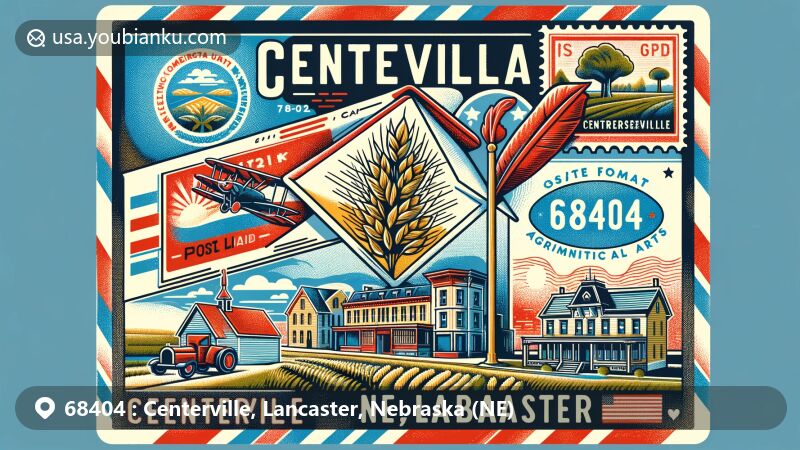Modern illustration of Centerville, Lancaster, Nebraska, inspired by ZIP code 68404, incorporating regional characteristics like the Nebraska state flag, state seal representing agriculture and mechanical arts, and local historical architecture like the Burr Block and Edgar A. Burnett House. Postal elements include a vintage air mail envelope with a postage stamp featuring the Cottonwood tree, Nebraska's state tree, and a postal mark indicating 'Centerville, NE 68404'.