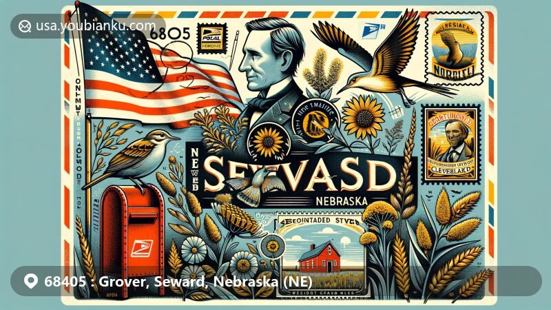 Modern illustration of Grover, Seward County, Nebraska, showcasing postal theme with ZIP code 68405, featuring state symbols and President Grover Cleveland history.