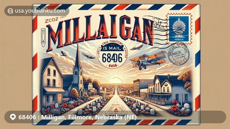 Modern illustration of Milligan, Nebraska, featuring vintage air mail envelope with Main Street view, Ceski Bratri Cemetery, and Pioneer Chapel, showcasing quaint small-town charm and historical heritage, complemented by Nebraska state flag background.
