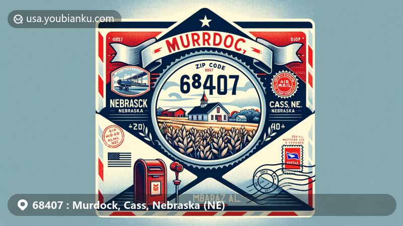 Modern illustration of Murdock, Cass, Nebraska, capturing the essence of historical and agricultural heritage, showcasing Murdock Historical Society Museum and a picturesque scene of the town. Includes air mail envelope, vintage postage stamp with ZIP code 68407, and Nebraska state flag.