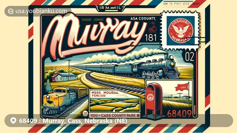 Modern illustration of Murray, Cass County, Nebraska, showcasing postal theme with ZIP code 68409, featuring Missouri Pacific Railroad, Nebraska map highlighting Cass County, and Young Memorial Park.