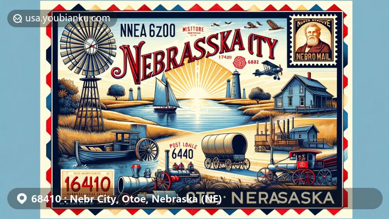 Creative illustration of Nebraska City, Otoe, Nebraska, with ZIP code 68410, featuring vintage air mail envelope framing key landmarks like Missouri River, Old Fort Kearny, Arbor Lodge, and Kregel Windmill Factory.
